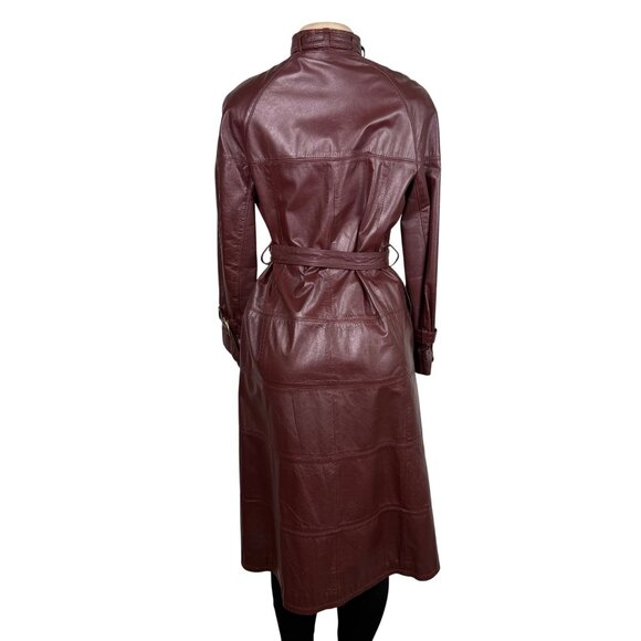 Tfc Women Maroon 100% Genuine Leather Belted Trench Coat Lined With Rayon Sz 8 - Picture 5 of 16